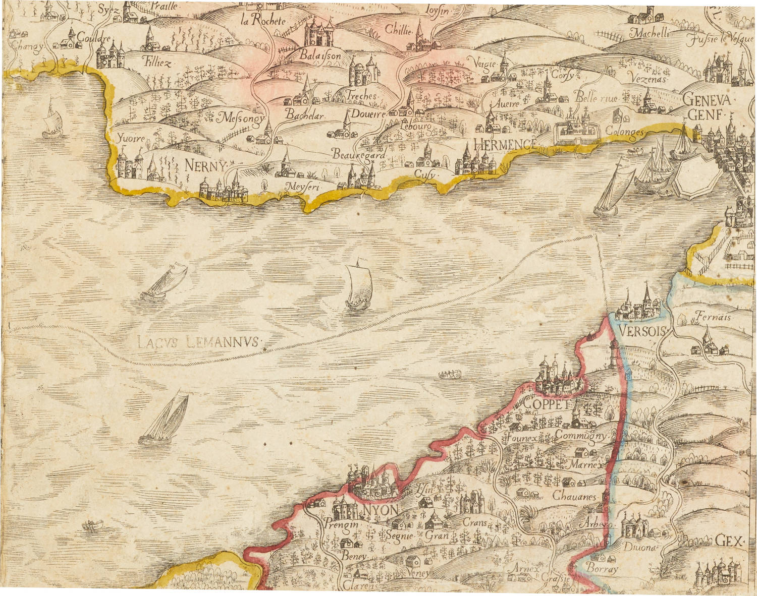 Carte de 1578 par Thomas Schöpf. Le milieu du lac fait frontière avec la Savoie [UB Bern]